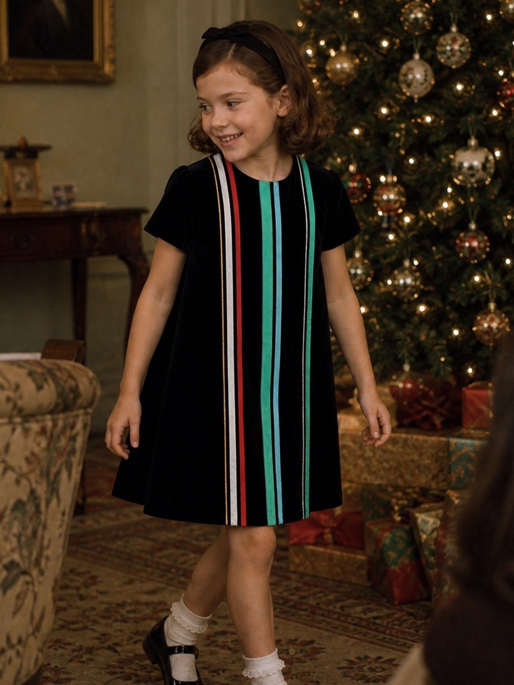 Vintage 1960 Julius Garfinckel & Co Girls Dress Sz 8 Black Velvet Stripe A-line